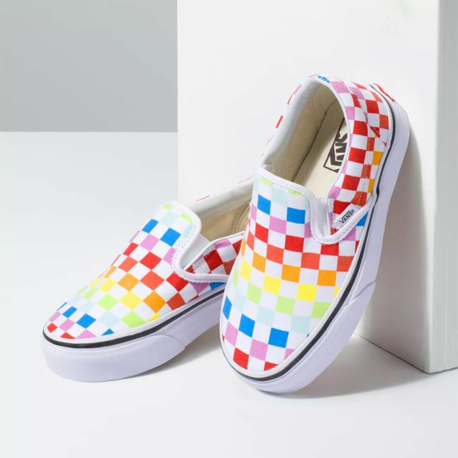 Boys' Footwear * | Sale Vans Classic Slip-On Skate Shoe Rainbow Pack Kids' (Rainbow Checkerboard) Red/True White